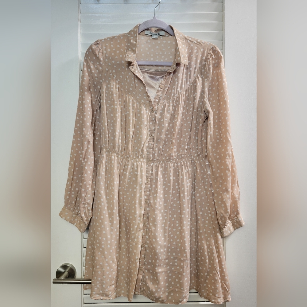Forever 21 Light Beige Polka Dot Long Sleeve Shirt Dress